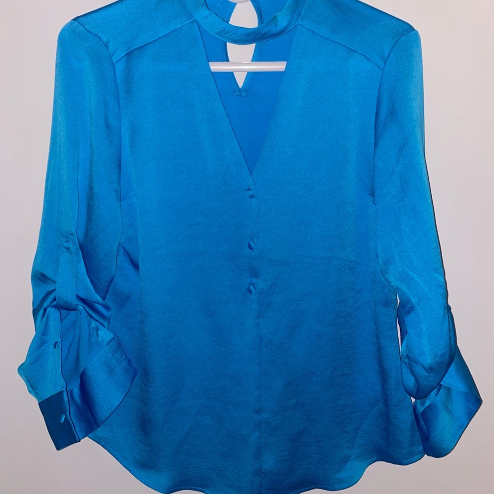 Blue Dress Top with Deep V and Buttons